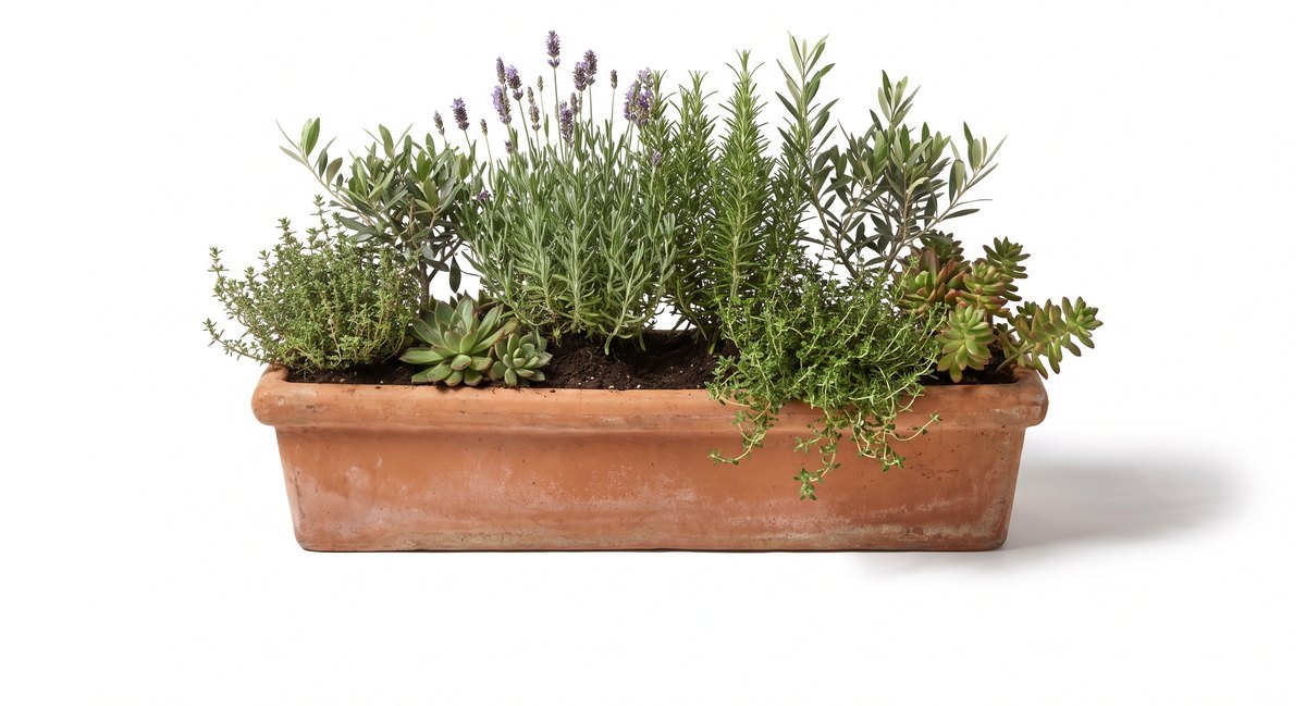 A terracotta trough planted with olive, lavender, rosemary, thyme and succulents, thyme trailing over the rim.