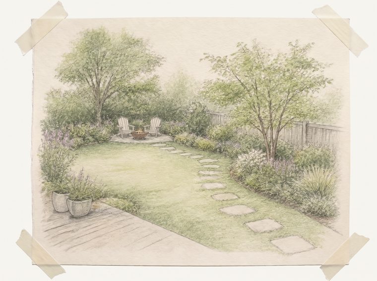 A coloured-pencil rendering of a backyard taped to the wall: lawn, stepping stone path, planted borders, trees and a fire bowl with two chairs.