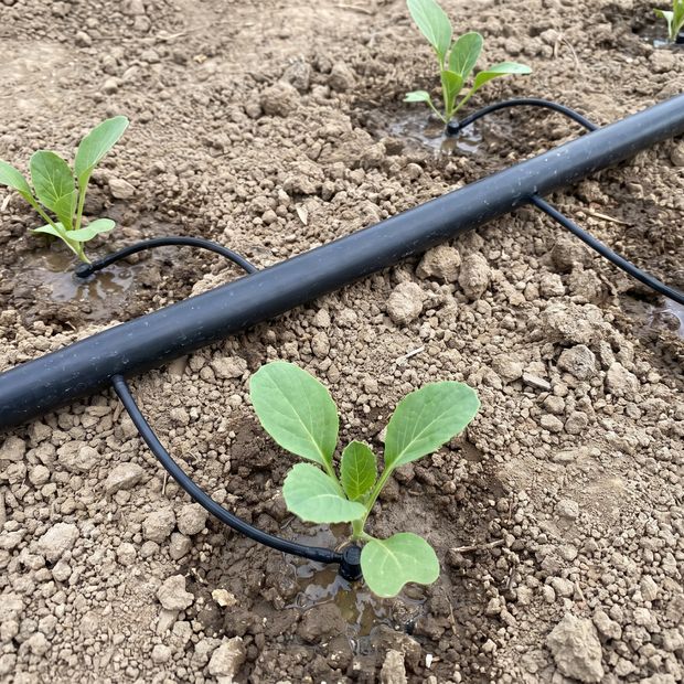 A drip line with emitters watering young seedlings, wet rings soaking into the soil.
