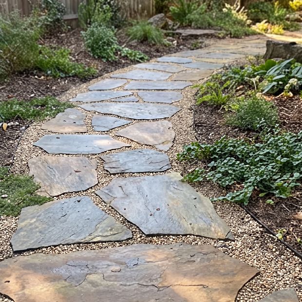 A flagstone path set into decomposed granite, curving through a planted garden.