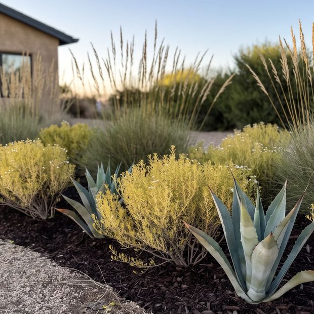 A newly planted desert garden bed in dark mulch.